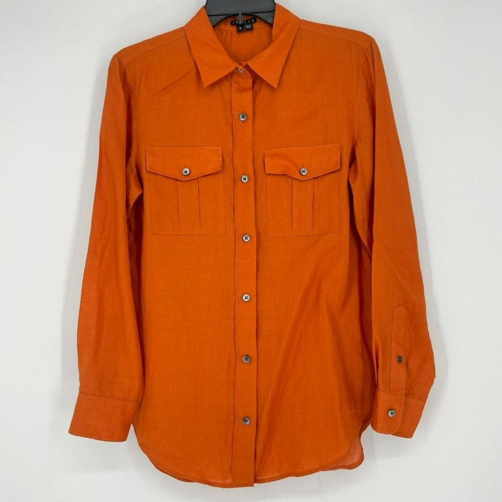 Theory Button-Up Shirt Men Sz S Collared Chest Pocket Long Sleeve Burnt Orange
